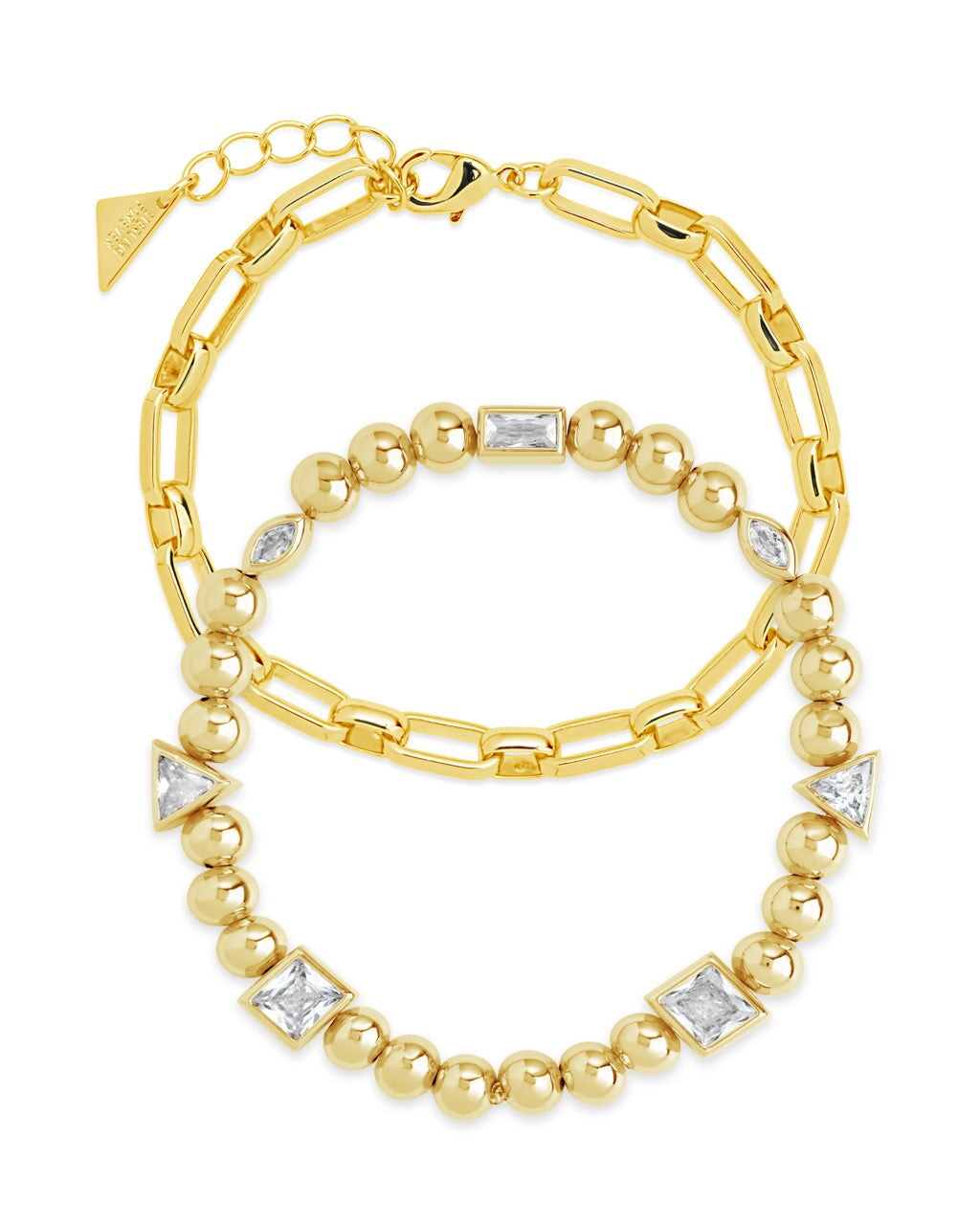CZ Beaded Bracelet & Paperclip Chain Bracelet Set of 2 Bracelet Sterling Forever Gold 