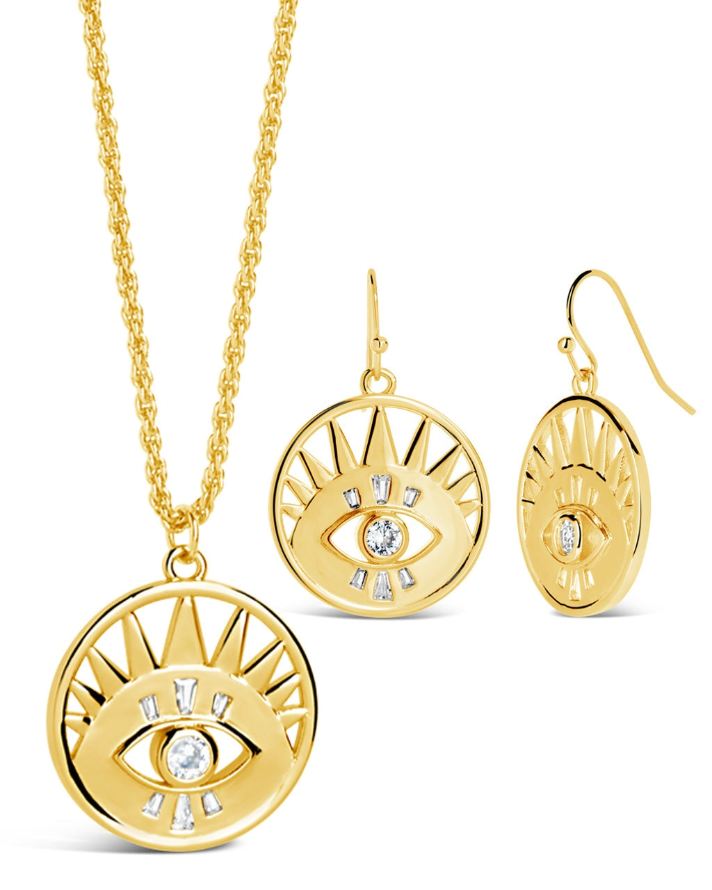 CZ Evil Eye Dangle Earring & Necklace Set Bundles Sterling Forever Gold 