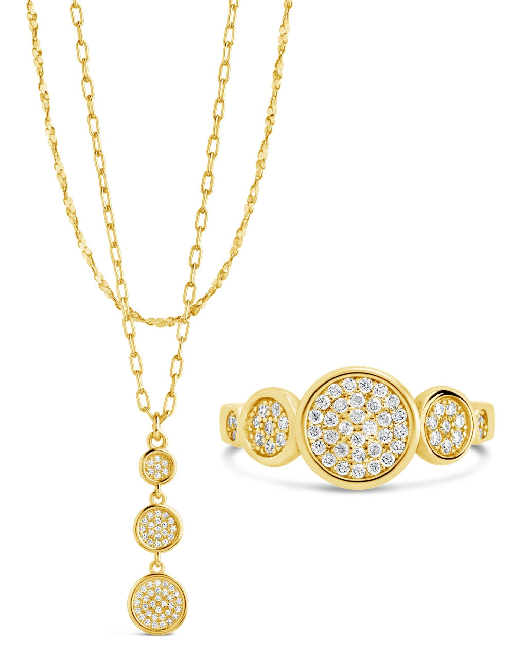 CZ Bubble Cocktail Ring & Layered Necklace Set Bundles Sterling Forever Gold 6 