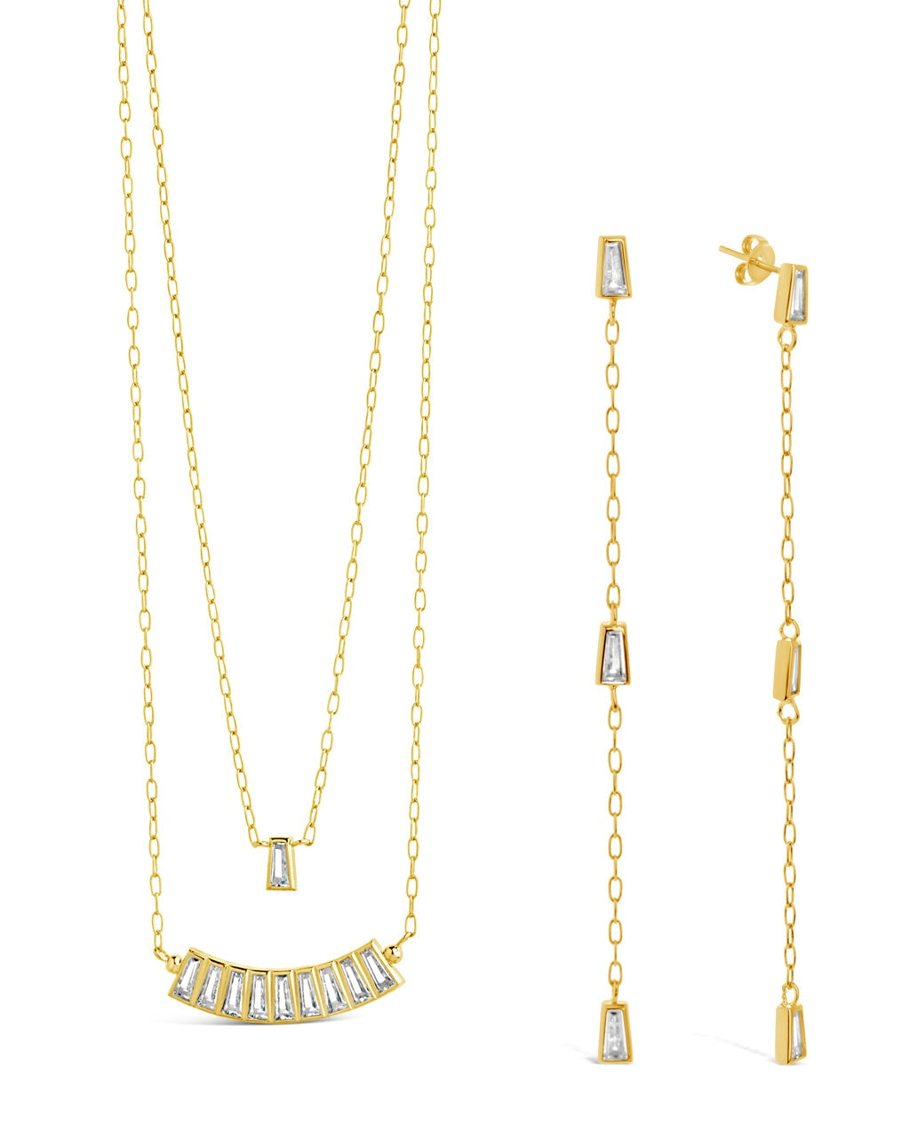 Tapered CZ Drop Earrings & Layered Necklace Set Bundles Sterling Forever Gold 