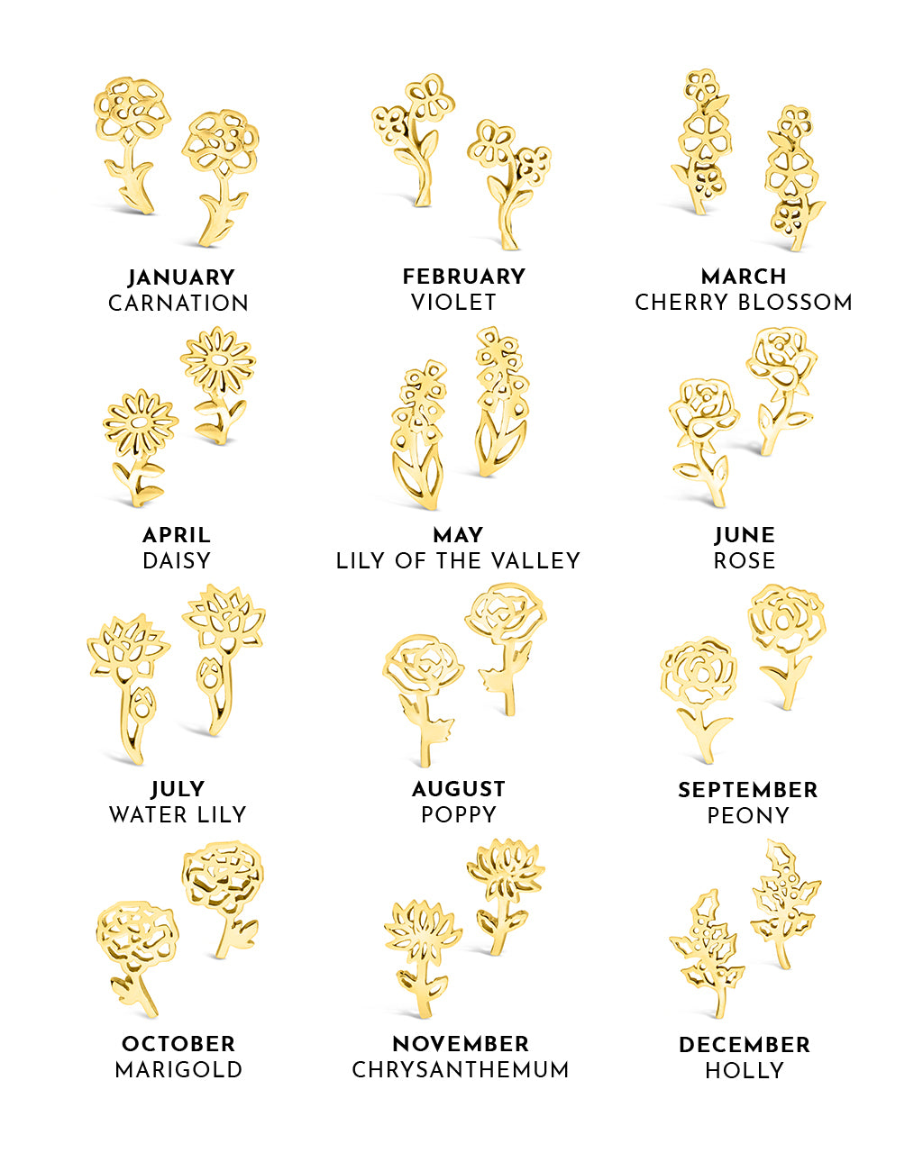 Sterling Silver Birth Flower Stud Earrings
