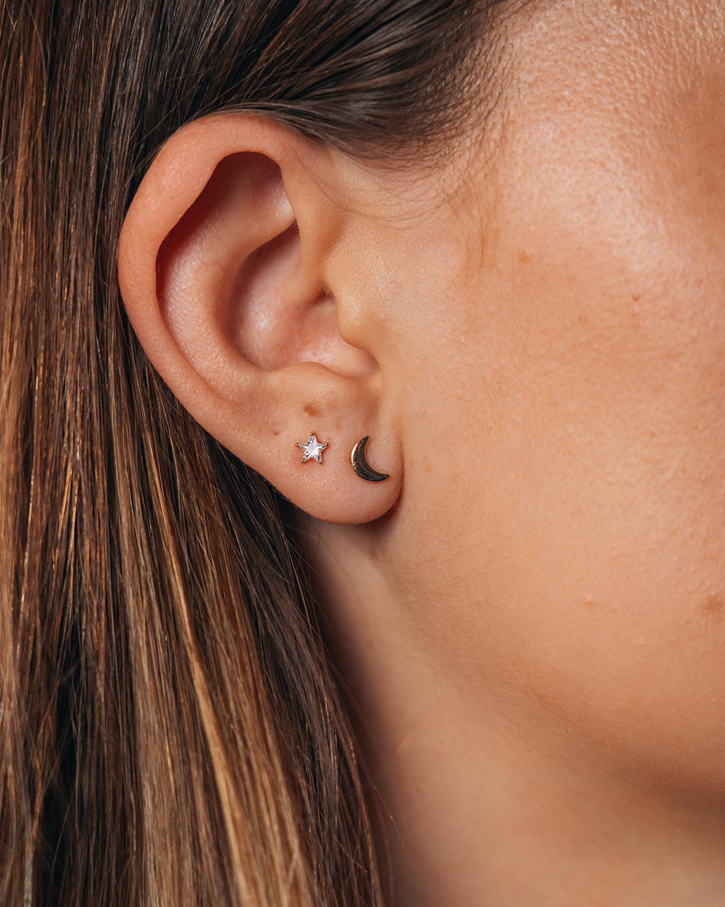 Sterling Silver Crescent & CZ Star Stud Set