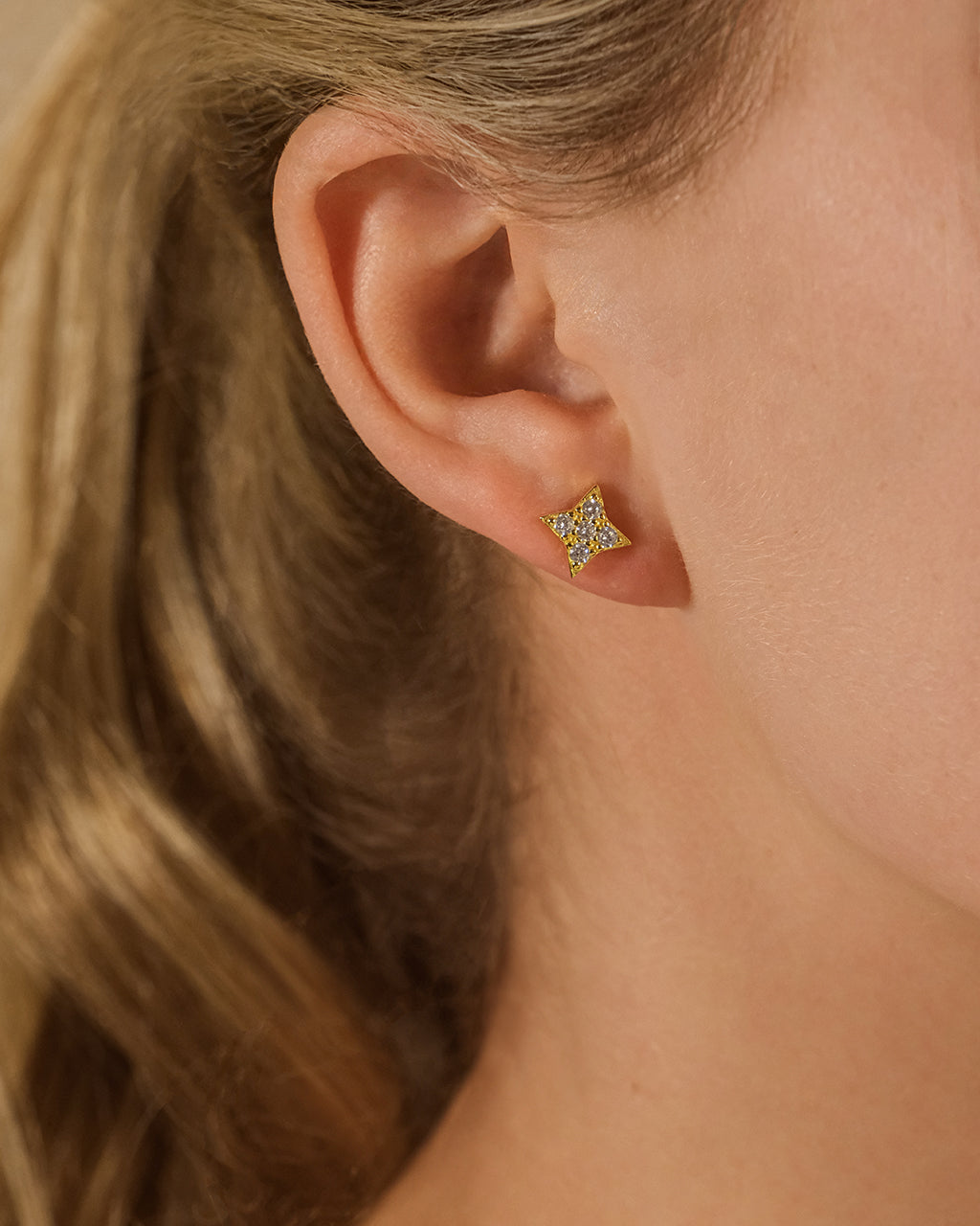 Sterling Silver Four Pointed CZ Star Stud Earrings