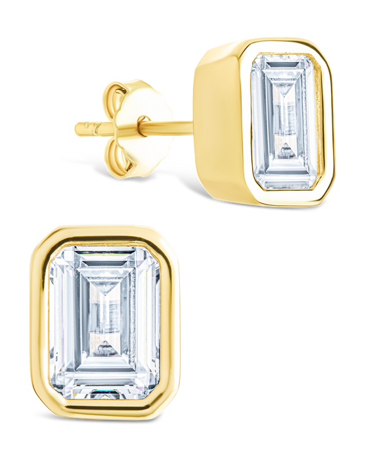 Sterling Silver Emerald Cut Bezel Set Stud Earrings