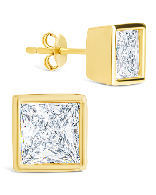 Sterling Silver Princess Cut Bezel Set Stud Earrings
