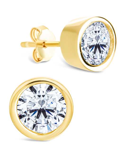 Sterling Silver Round Cut Bezel Set Stud Earrings