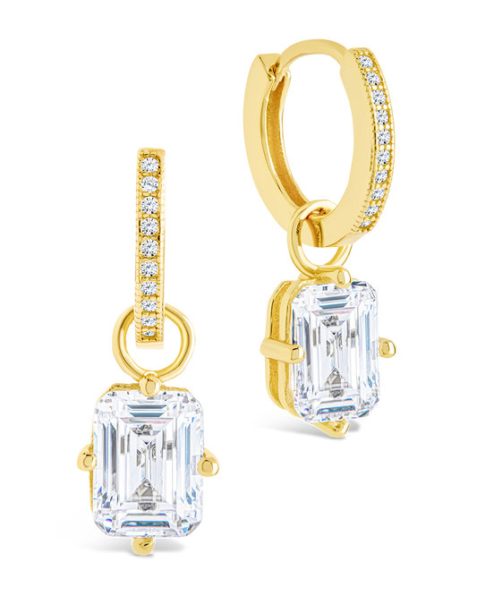 Sterling Silver Emerald Cut CZ Micro Hoop Dangle Earrings