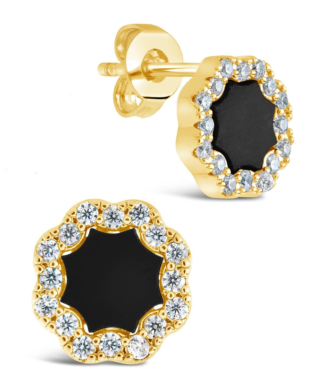 Bezel Frame Rose Petal Studs Earring Sterling Forever Gold Onyx