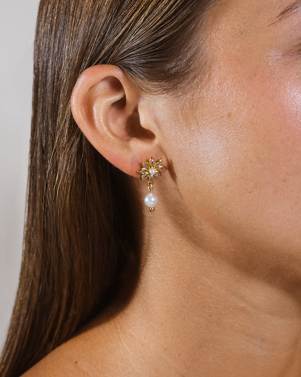 Esti CZ Flower & Pearl Drop Stud Earrings