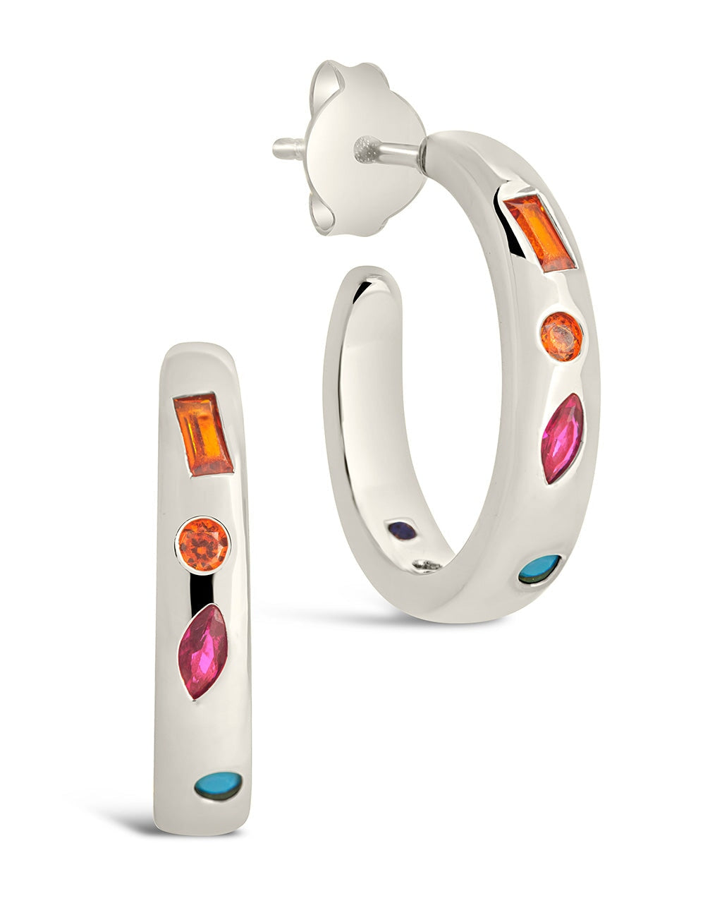 Rainbow CZ Studded Hoops Earring Sterling Forever Silver