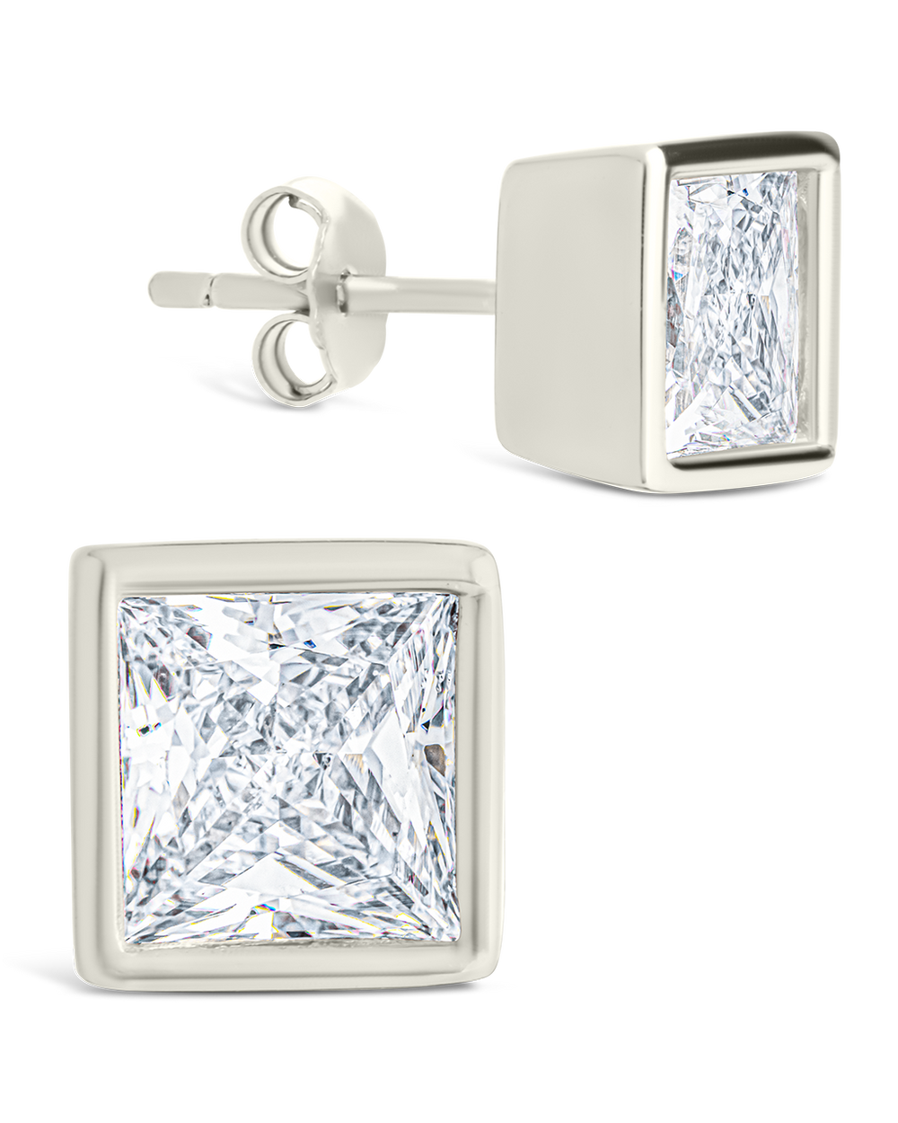 Sterling Silver Princess Cut Bezel Set Stud Earrings