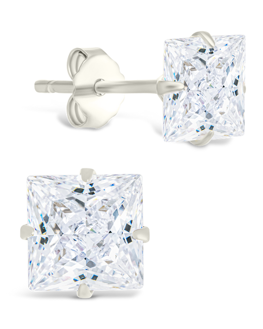 Sterling Silver Princess Cut Prong Set Stud Earrings