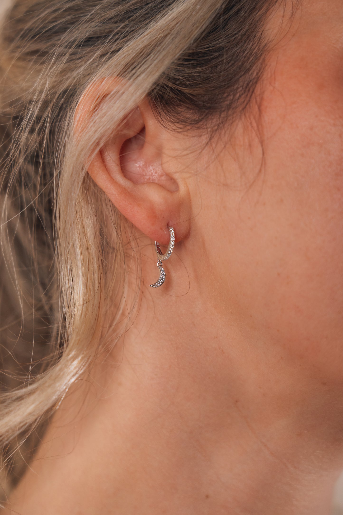 Sterling Silver CZ Crescent Micro Hoops