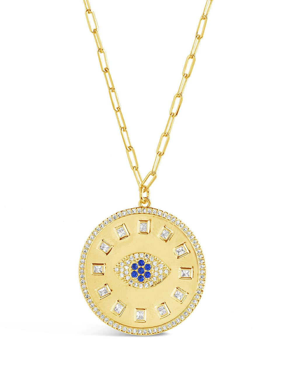 Evil Eye CZ Sun Dial Coin Pendant Necklace Sterling Forever Gold