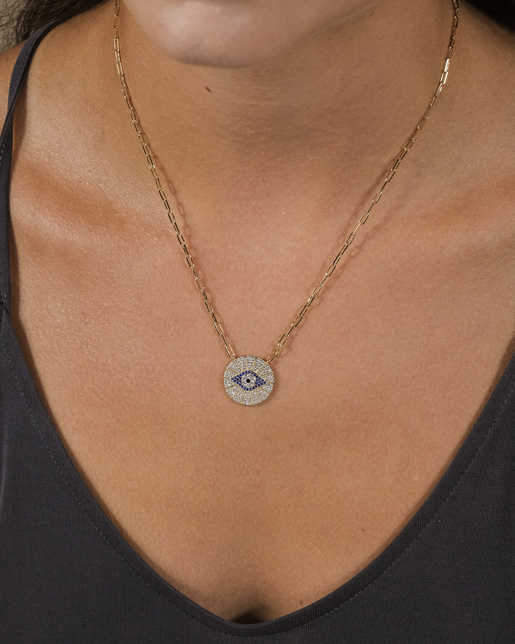 CZ Evil Eye Disk Pendant Necklace