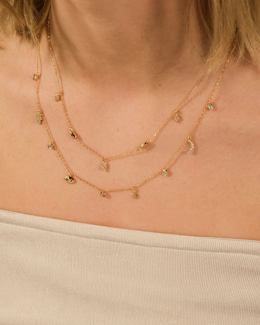 Sterling Silver CZ Evil Eye & Hamsa Layered Charm Necklace