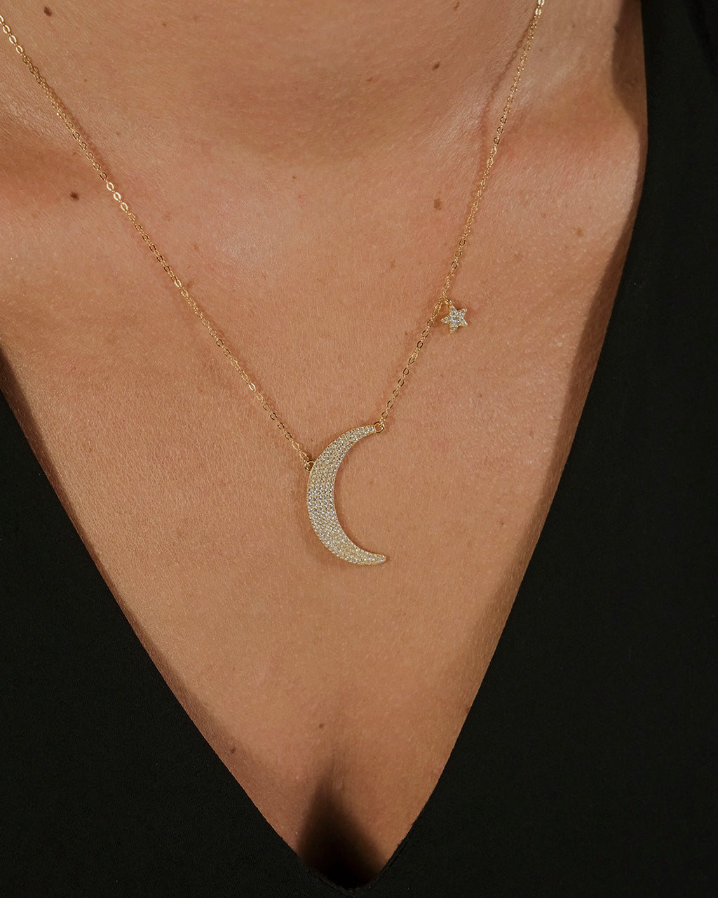Sterling Silver CZ Crescent & Star Charm Necklace