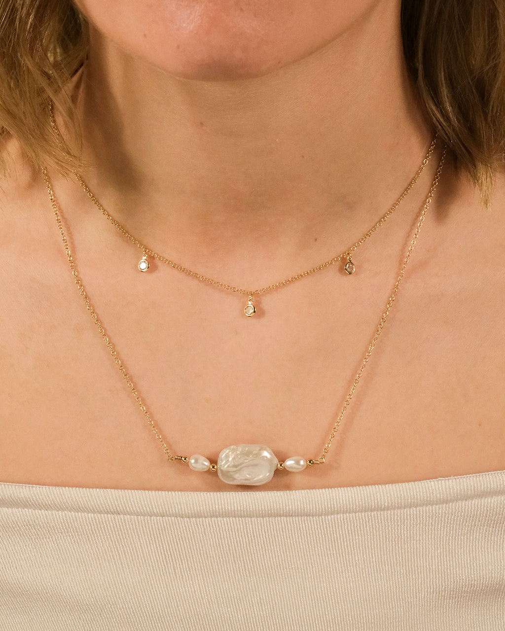 Bezel CZ and Pearl Layered Necklace