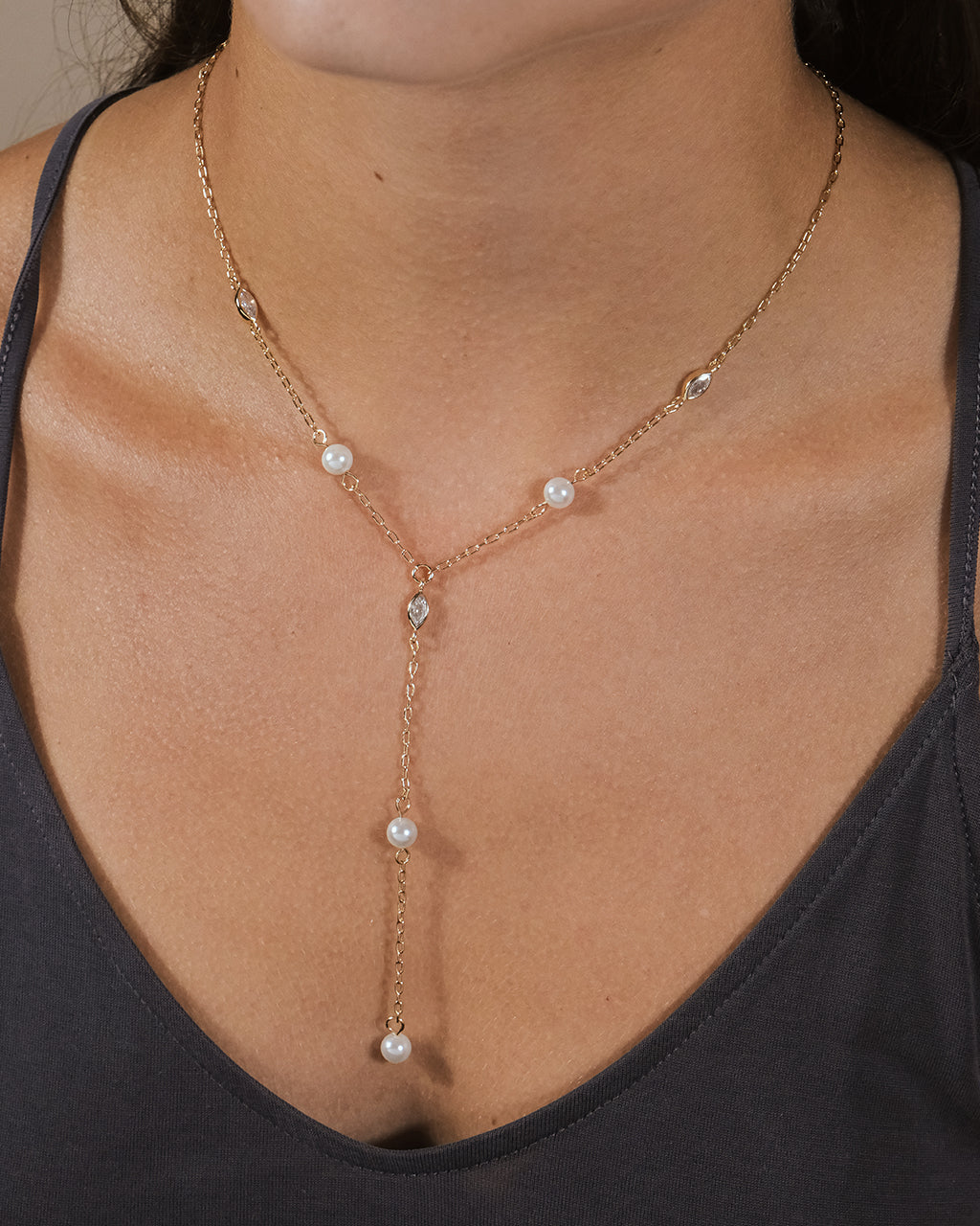 Tyra CZ & Pearl Lariat Necklace
