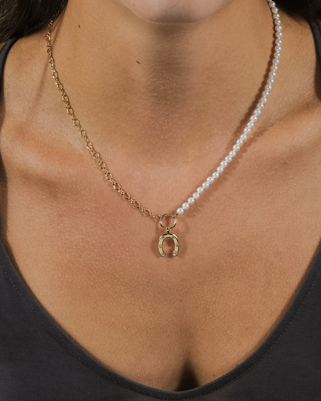 Elva Pearl CZ Horsehoe Necklace