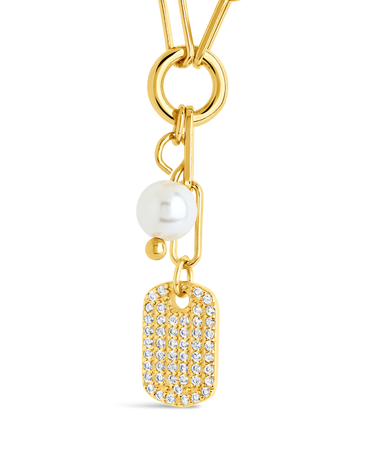 Cleo Pearl & CZ Tag Charm Necklace