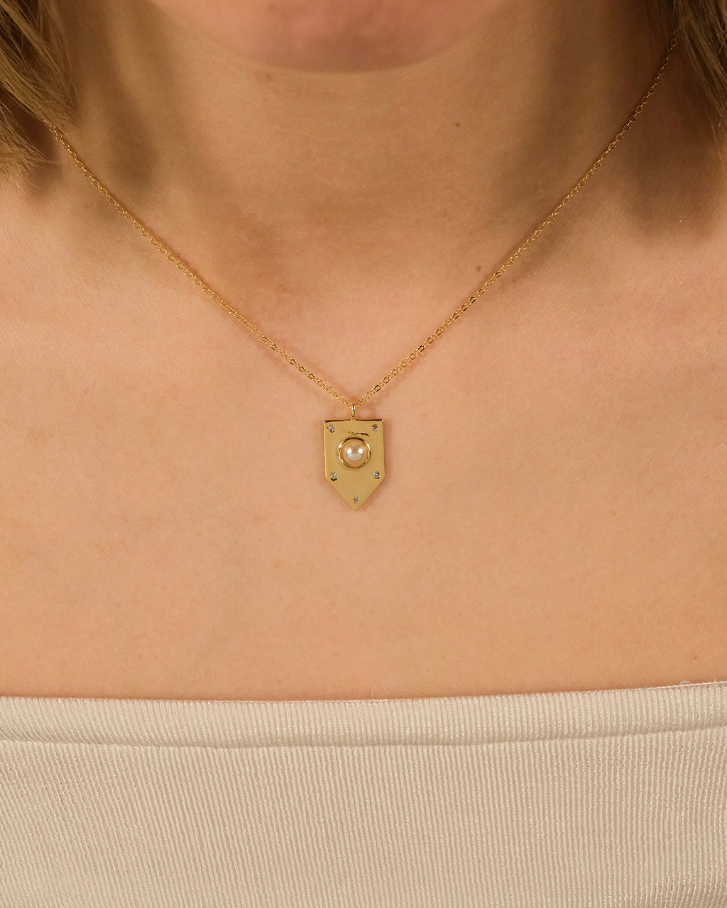 Sterling Silver Marcella CZ & Pearl Shield Pendant Necklace