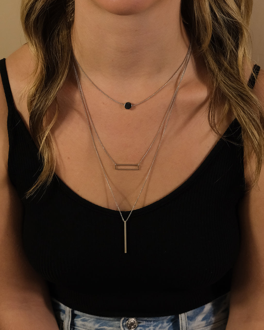 Bar, Disk, Open Bar Drop Layered Necklace