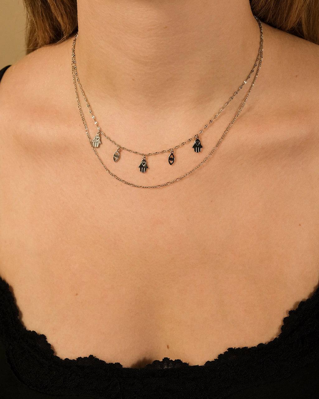 Evil Eye, Hamsa, & Figaro Chain Layered Necklace