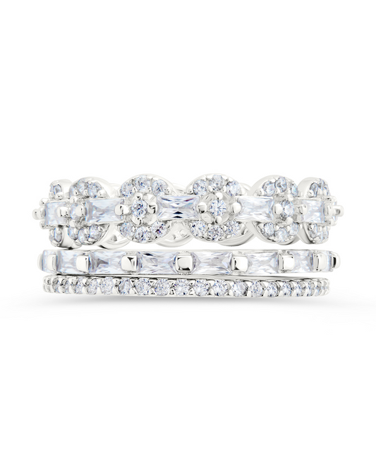 Sterling Silver Melody CZ Bezel Ring Set of 3