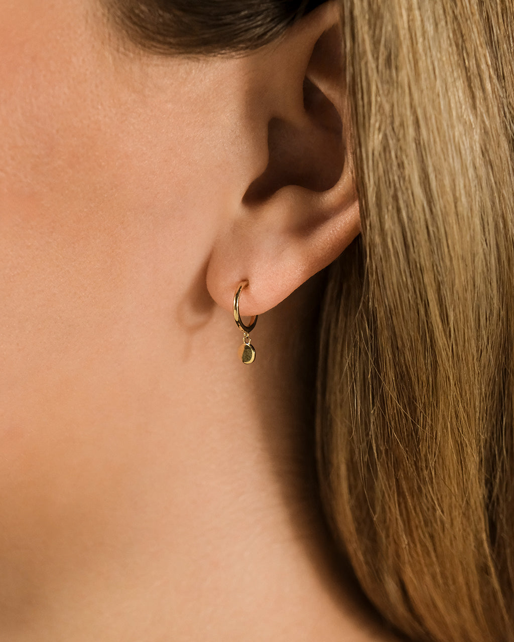 14K Gold Disk Charm Micro Hoop Earrings