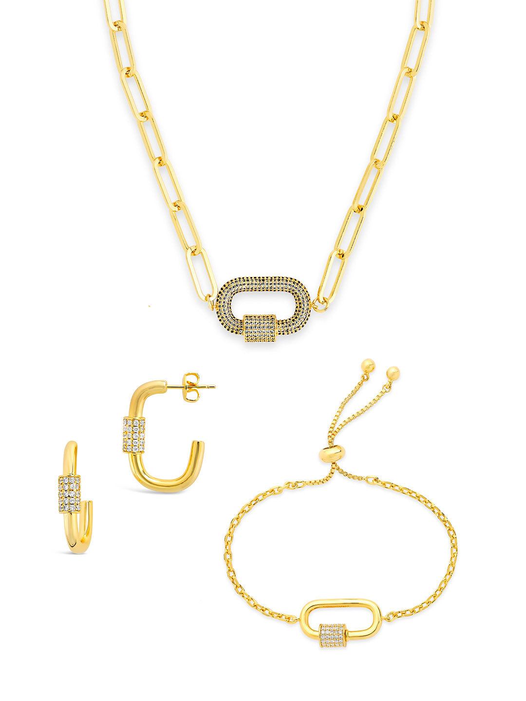 Pave CZ Carabiner Linked Lock Necklace Bundle
