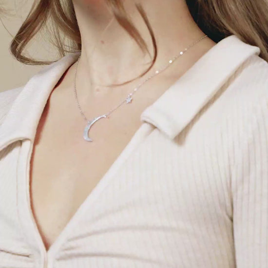 Girl Wearing Silver CZ Crescent & Star Charm Necklace