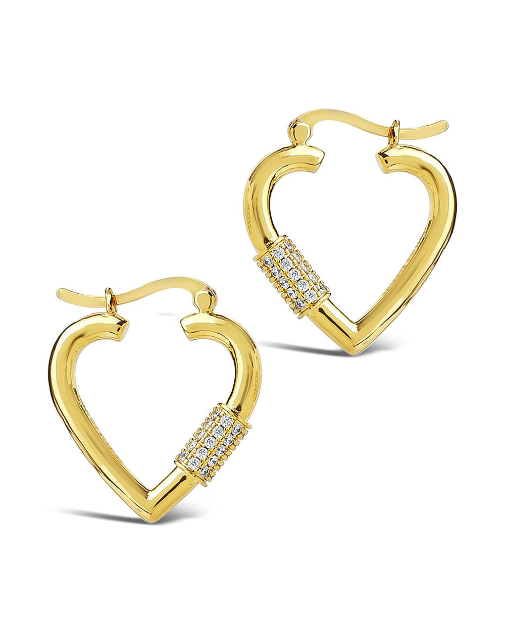 CZ Heart Carabiner Lock Hoops Earring Sterling Forever Gold Clear