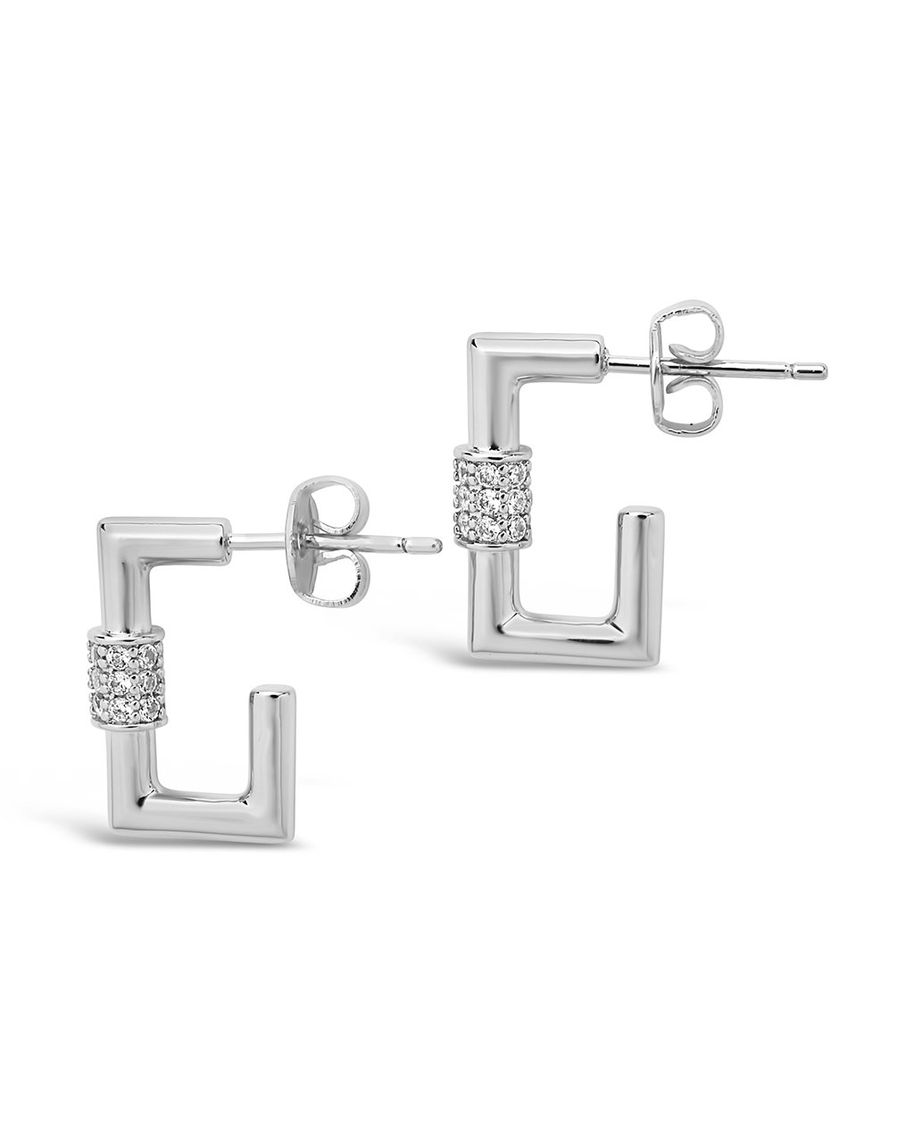 Square CZ Carabiner Clip Huggie Hoops Earring Sterling Forever Silver Clear