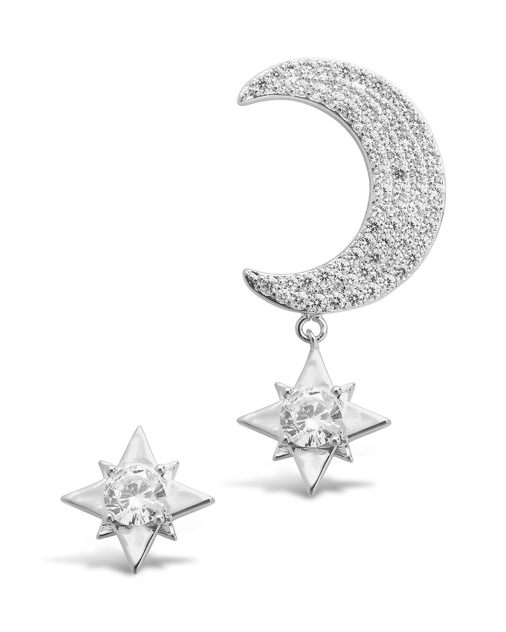 Asymmetric CZ Burst & Crescent Drop Studs Earring Sterling Forever Silver 