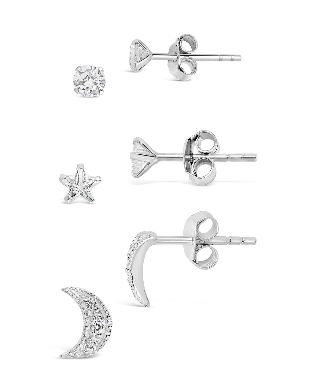 Sterling Silver CZ Crescent, Star, & Stud Set of 3 - Sterling Forever