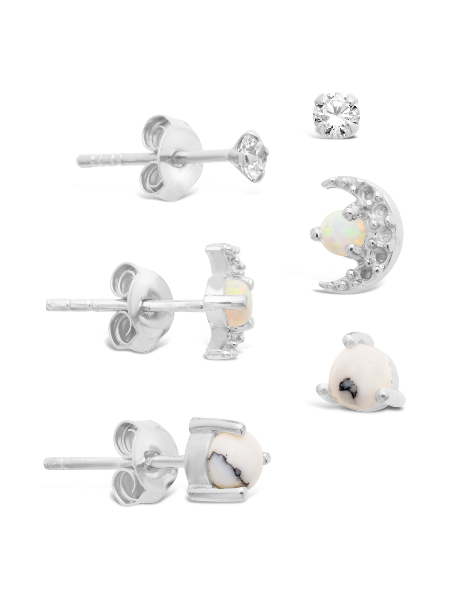 Sterling Silver CZ, Marble, & Opal Crescent Stud Set of 3 Earring Sterling Forever