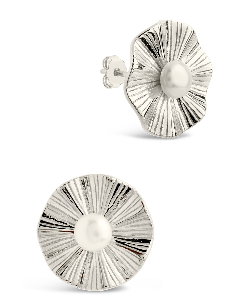 Sterling Silver Textured Disk & Pearl Studs Earring Sterling Forever Silver 