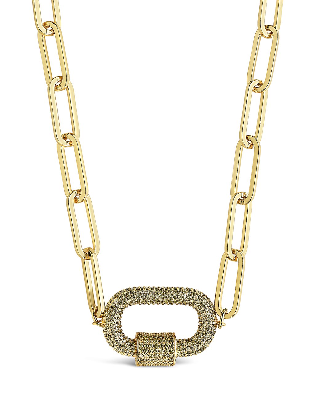 Pave CZ Carabiner Linked Lock Necklace Necklace Sterling Forever Gold Green