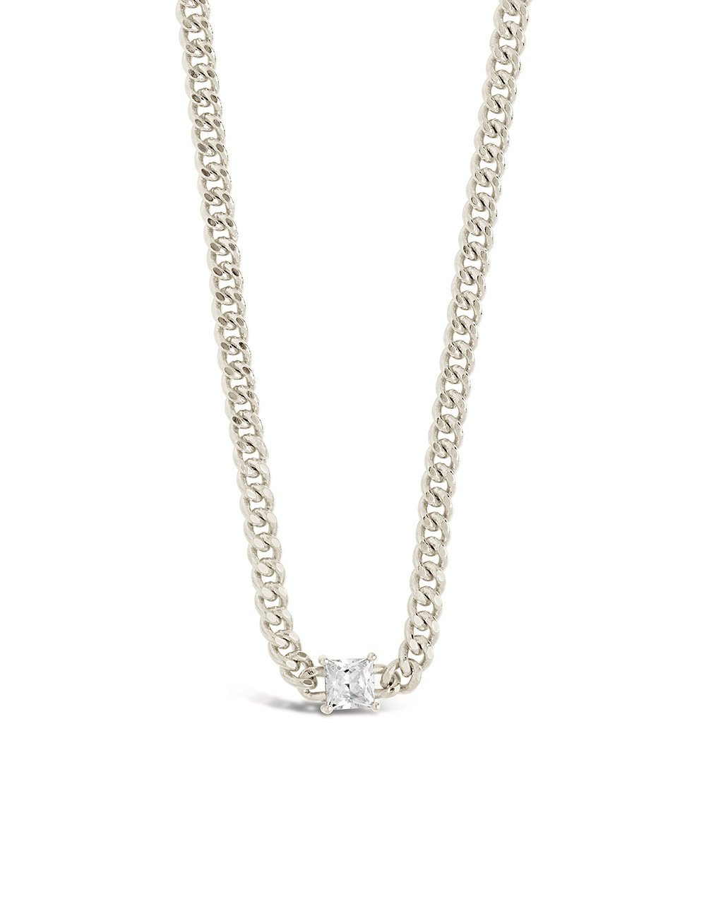 Curb Chain Necklace with Stationed CZ Necklace Sterling Forever Silver