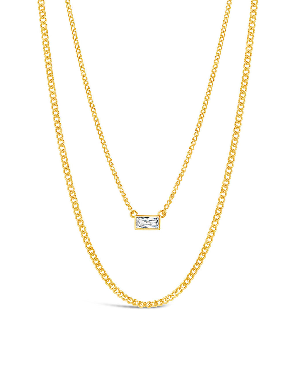 CZ Baguette Layered Curb Chain Necklace Necklace Sterling Forever Gold