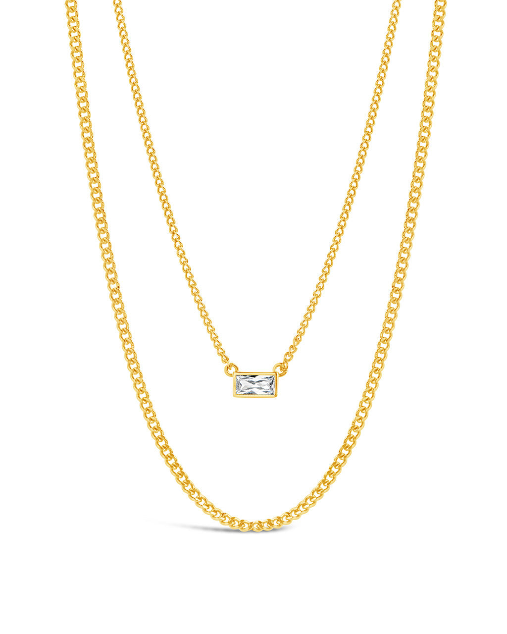 CZ Baguette Layered Curb Chain Necklace Necklace Sterling Forever Gold