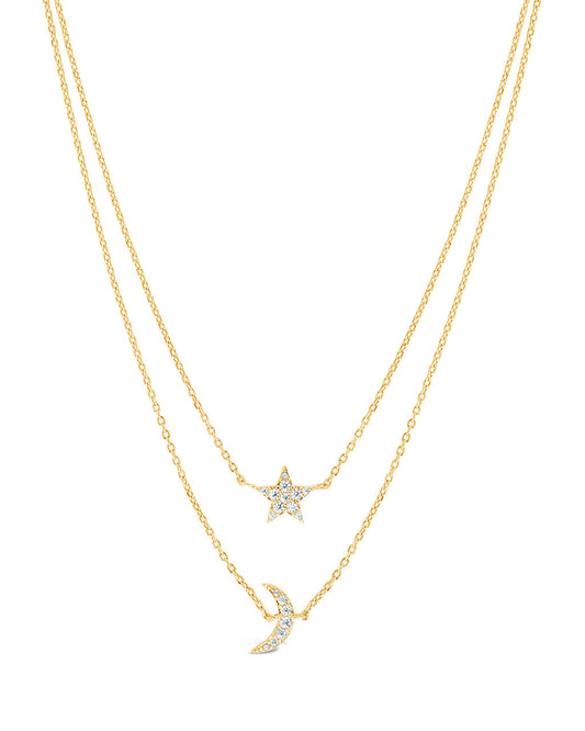 Layered CZ Crescent & Star Necklace Necklace Sterling Forever Gold