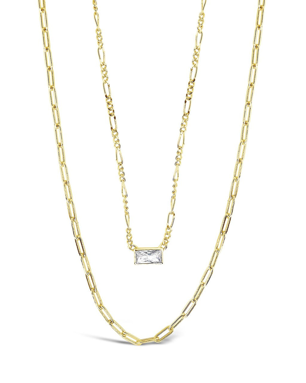 Delicate Sterling Silver 2 Layer Chain Necklace with Baguette CZ Charm Necklace Sterling Forever Gold