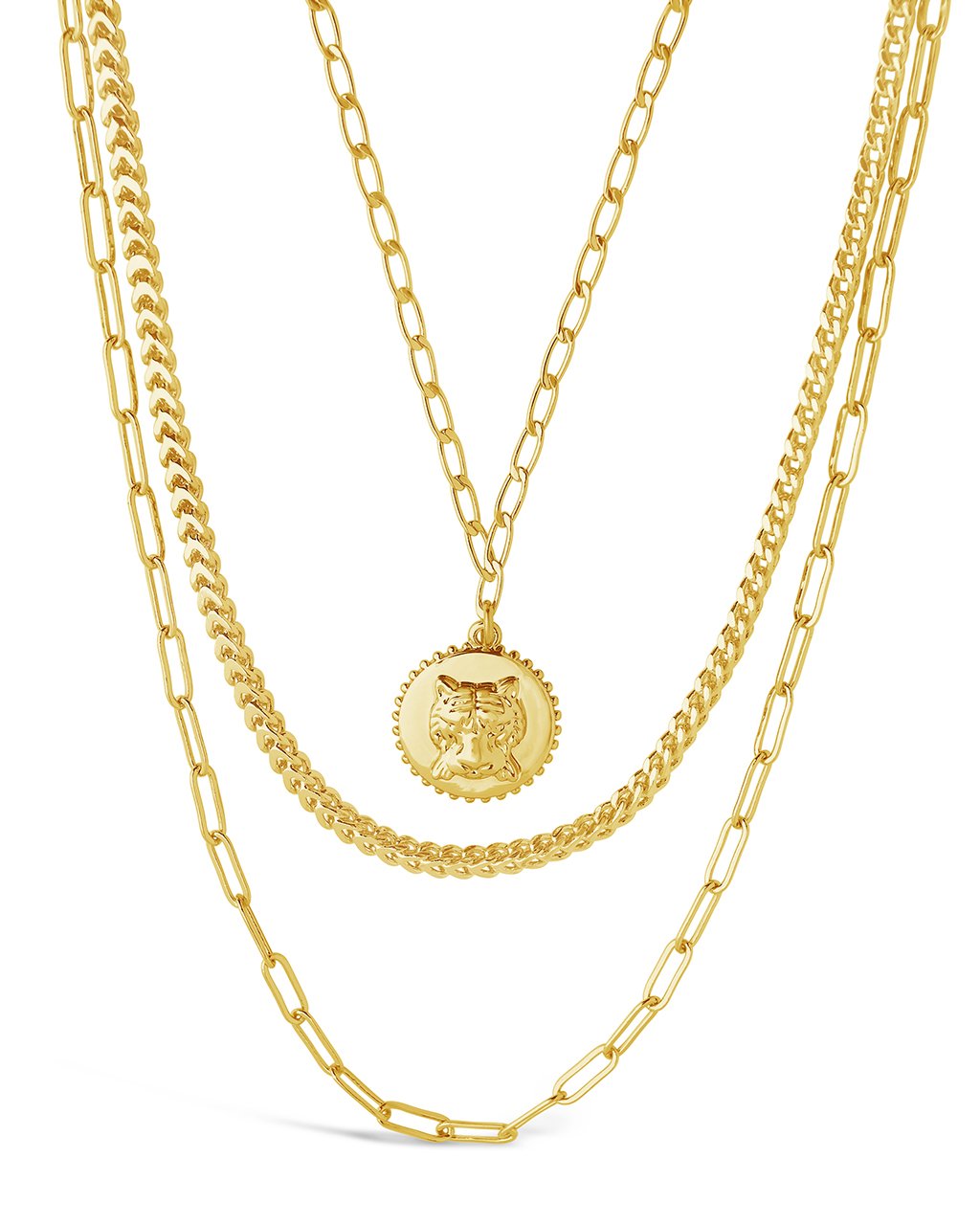 Layered Chains with Tiger Charm Necklace Sterling Forever Gold