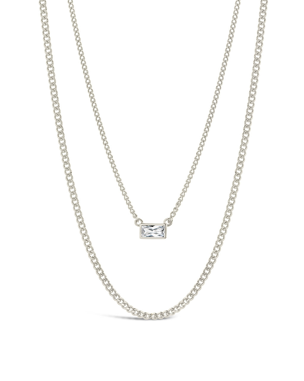 CZ Baguette Layered Curb Chain Necklace Necklace Sterling Forever Silver 