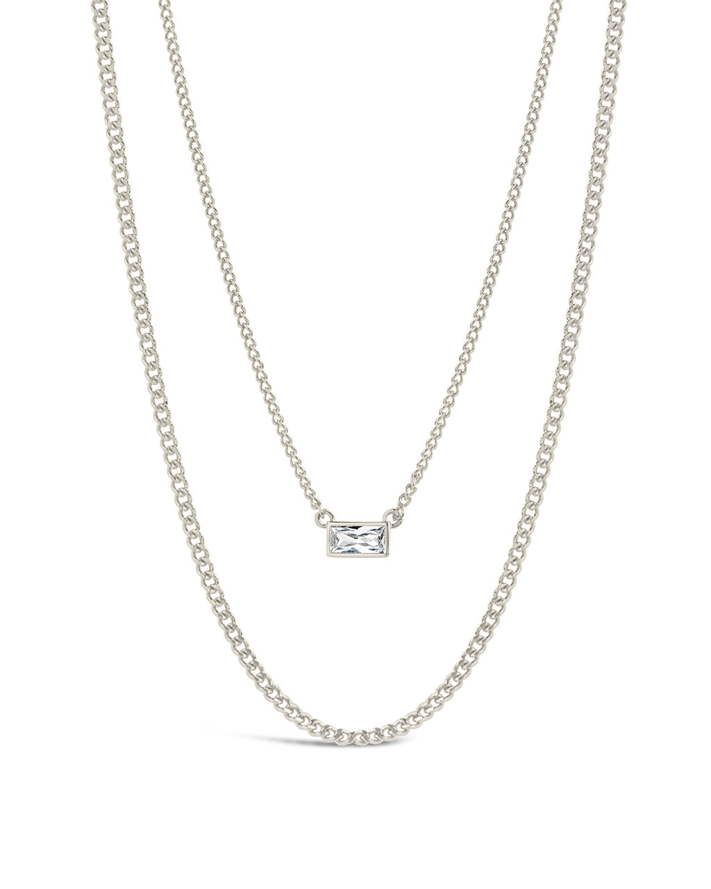 CZ Baguette Layered Curb Chain Necklace Necklace Sterling Forever Silver