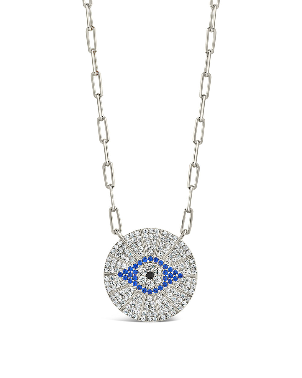 CZ Evil Eye Disk Pendant Necklace Sterling Forever Silver