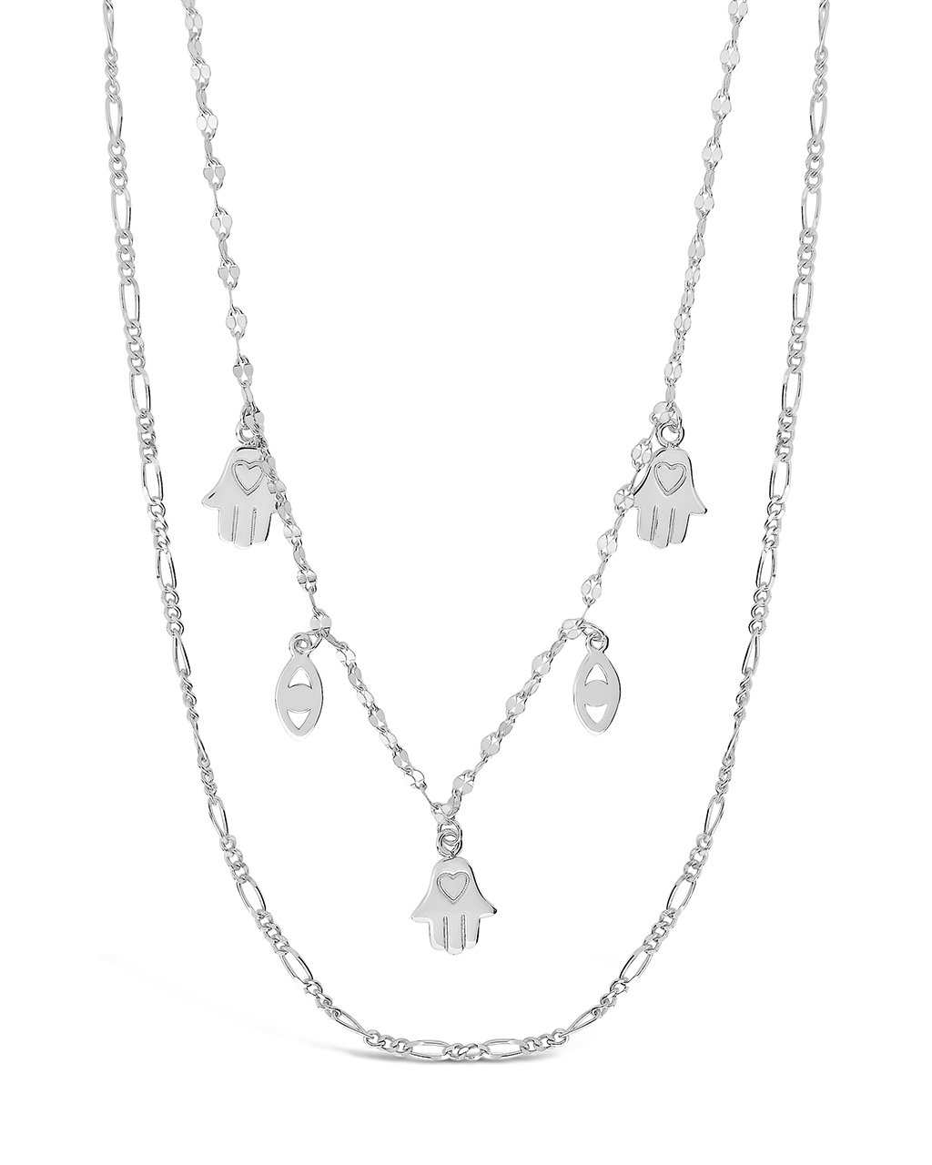 Evil Eye, Hamsa, & Figaro Chain Layered Necklace Necklace Sterling Forever Silver 