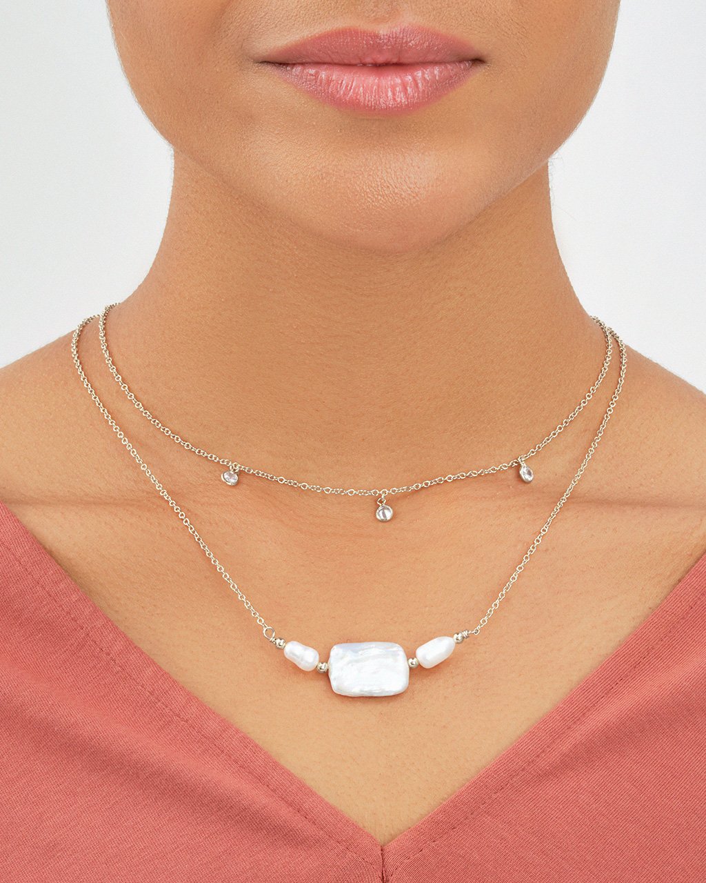 Bezel CZ and Pearl Layered Necklace Necklace Sterling Forever